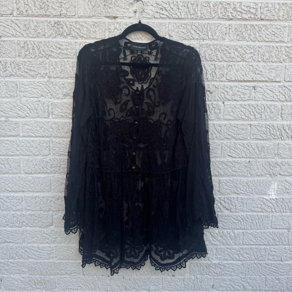 Lane Bryant Black Sheer Lace Tunic Blouse 14/16 Boho Goth Romantic Embroidered